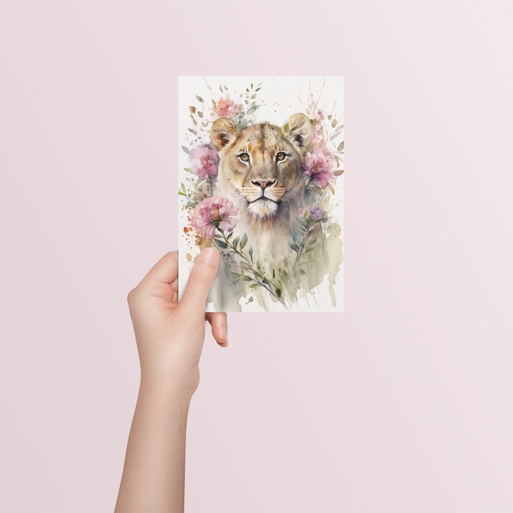 Cute Floral Lioness Watercolor Wall Art Illustration Print Poster Card Unframed - Picture 6 of 7